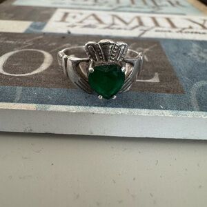 Sterling Silver Claddagh Ring with Emerald Stone (size 5)